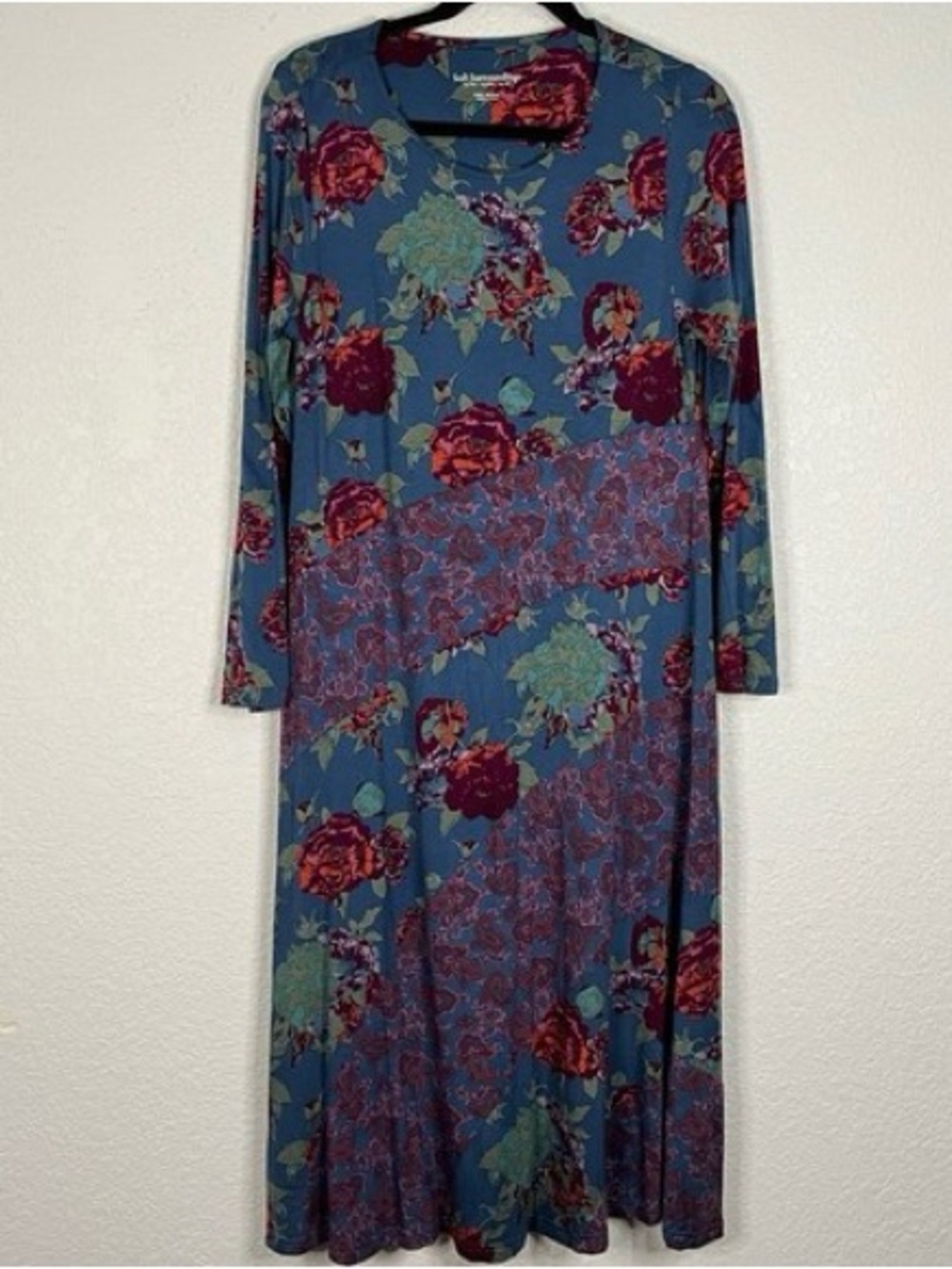 Soft Surroundings Teal Floral Maxi Dress with Burgundy Roses